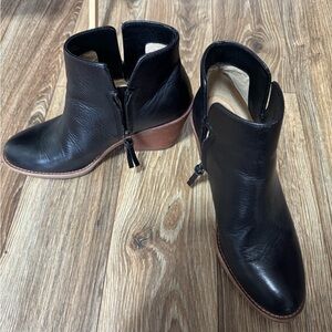 Sofft Black Leather Ankle Booties with Brown Heel